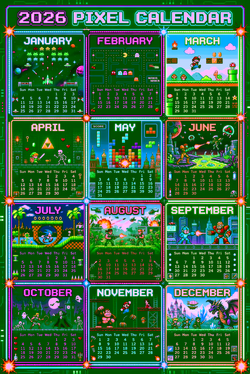 Pixel Art Gaming 2026 Calendar