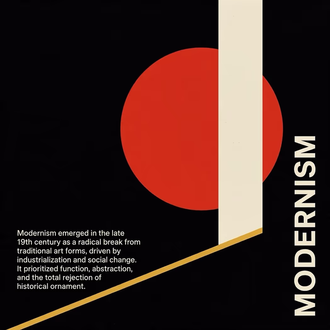 Abstract modernist design with a red circle, beige vertical and diagonal lines on a black background. Bold text 'MODERNISM' appears vertically on the right, with a brief definition in white text on the lower left.