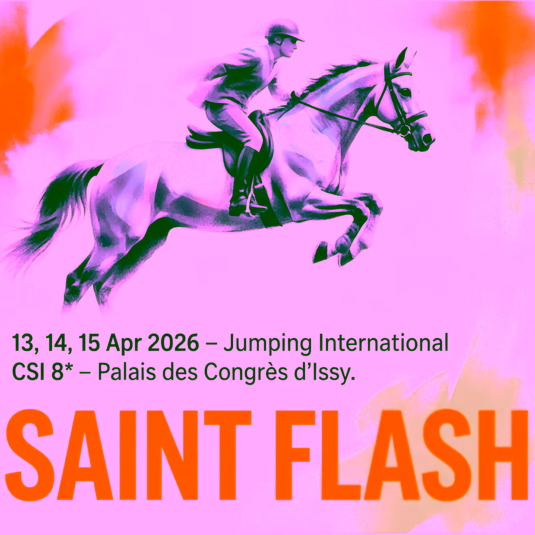A rider on a galloping horse jumps over an obstacle, with an orange, green, and white background. Text below announces 'Jumping International CSI 8*' on 13-15 April 2026 and highlights 'SAINT FLASH'.